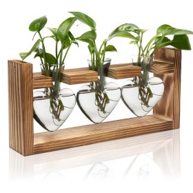 Plant Terrarium Propagation Station With 3 Heart Shaped Vases Wooden Stand Desktop Air Planter Bulb Glass Vase For Hydroponics Home Office Decor