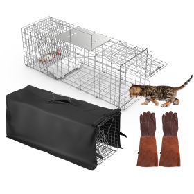 Folding Live Animal Trap Cage 31X12X11” With Waterproof Cover And Gloves Humane Easy To Catch & Release Trap Cats Raccoons Squirrels Skunks