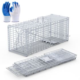 Live Animal Trap Cage 37X14X15In Folding Catch And Release Humane Cat Trap Galvanized Iron For Raccoons Foxes Coyotes Stray Dogs Armadillos Squirrels