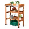Outdoor Garden Potting Bench Table, Wooden Horticulture Planting Worstation with Metal Tabletop, 2 Storage Shelves, 3 Hooks, Natural Wood