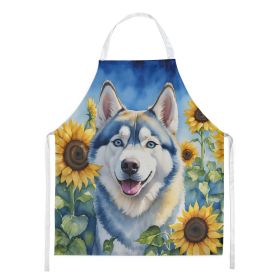 Siberian Husky in Sunflowers Apron Cooking Kitchen Server Baking Crafts Gardening for Adult Women Men, Unisex, Large, Multicolor