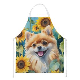 Pomeranian in Sunflowers Apron Cooking Kitchen Server Baking Crafts Gardening for Adult Women Men, Unisex, Large, Multicolor