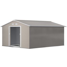 11' x 13' Practical Backyard Garden Storage Tool Shed Double Sliding Door 4 Ventilation Slots, Light Grey