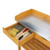 Outdoor Garden Potting Bench Table, Wooden Horticulture Planting Worstation with Metal Tabletop, 2 Drawers, Storage Shelf, 3 Hooks, Natural Wood