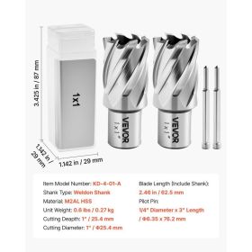 Annular Cutter Set, 4 Pcs Weldon Shank Mag Drill Bits Kit, 1" Cutting Depth, 1" Cutting Diameter, HSS, 2 Drill Bits With 2 Pilot Pins And Plastic (Option: Black)