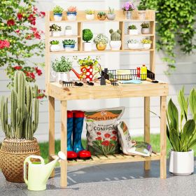 Wooden Potting Bench Table Garden Planting Workstation with 3-Tier Open Shelf (Color: Natural)